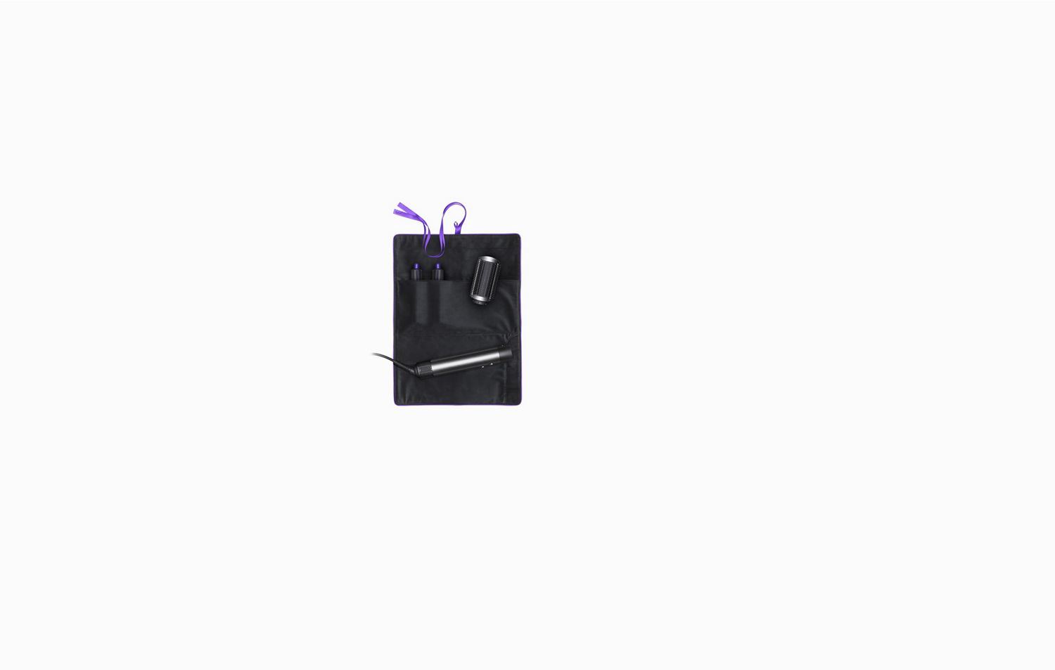 Pochette de voyage Dyson Airwrap ouverte avec accessoires noir et violet